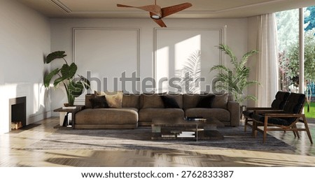 Large illustration 3D rendering luxury modern bright interiors Living room mockup with Couch and Fan Ventilation