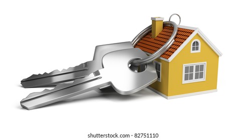 Large Keys Next To A Small House. 3d Image. Isolated White Background.