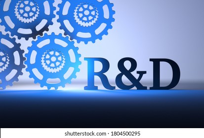 Large letters R&D abbreviation of research and development with gears on blue background. 3d illustration.