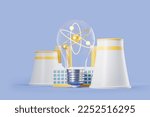 Large lightbulb with atom inside, nuclear power plant and factory on blue background. Concept of energy generation and science. 3D rendering