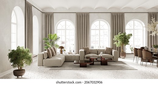 Large living room with arch windows, furnished with modern sofa and dining table, 3d render 