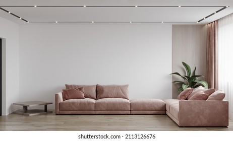 Large living room hall in white tone with a delicate powdery pink sofa. Backlight and empty white wall for art. Modern luxury interior design. 3d rendering