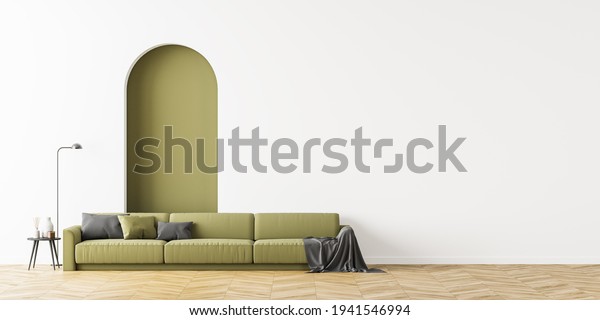 Large living room interior with a comfortable\
green sofa located on the oak wooden floor. White empty wall is\
divided by a tall arch. Bright minimalist style design. Mock up. 3d\
rendering