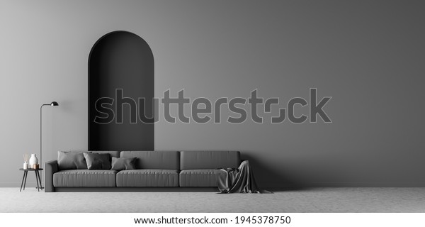 Large living room interior with a comfortable\
grey sofa located on the concrete floor. Dark empty wall is divided\
by a tall arch. Scandinavian minimalist style design. Mock up. 3d\
rendering