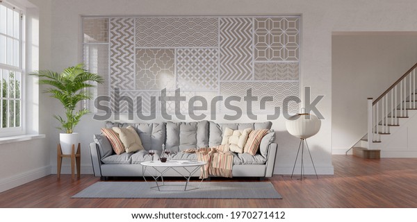 Large living room loft, bright, sunny\
interior. Two rooms divided by a decorative partition wall. 3D\
render. 3D\
illustration.