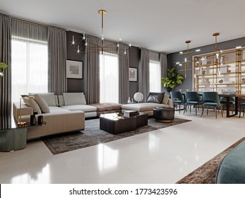 großes Wohnzimmer mit einem großen Sofa für eine weiße Ecke und TV-Gerät, Essbereich mit Esstisch. Graue Wände und große Fenster. 3D-Darstellung.