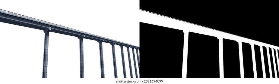 A large long span concrete bridge seen in perspective isolated on empty background with clipping path or alpha channel. 3D Rendering