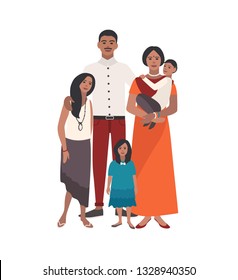 Large Loving Indian Family. Father, Mother Holding Toddler Son And Two Daughters Standing Together. Gorgeous Flat Cartoon Characters Isolated On White Background. Colored Illustration.