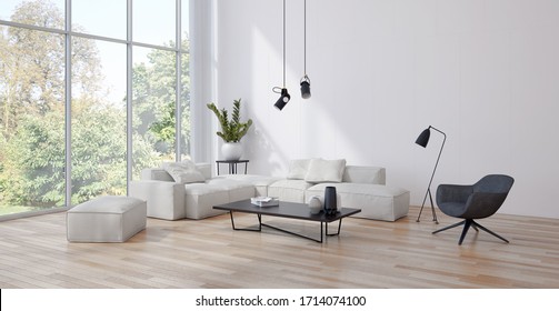 Large Luxury Modern Bright Interiors Living Room Mockup Illustration 3D Rendering Computer Digitally Generated Image