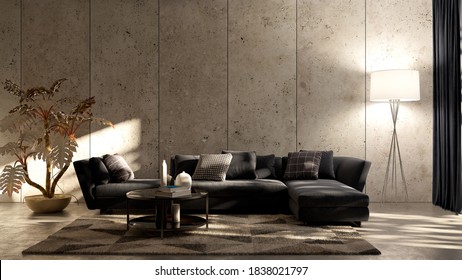 Large Luxury Modern Bright Interiors Living Room Mockup Illustration 3D Rendering Computer Digitally Generated Image