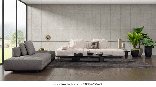 Large Luxury Modern Bright Interiors Living Room Mockup Illustration 3D Rendering Computer Digitally Generated Image