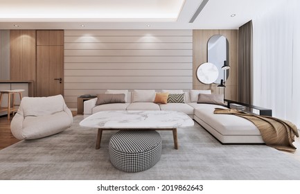 Large Luxury Modern Interior Of Living Room.3D Illustration