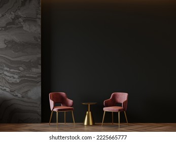 Large master living room in dark black gray colors. Rose pink set of chairs and gold table. Background blank wall blank for wallpaper or paintings. Luxury lounge or reception. 3d rendering - Powered by Shutterstock