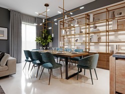 Large Modern Dining Table In A Trendy Style, Dining Area In A Studio Apartment. Wooden Table Top, Fabric Blue Chairs. 3D Rendering.