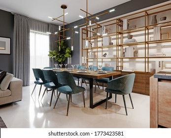 Grosser, moderner Esstisch im trendigen Stil, Essbereich in einem Studio-Apartment. Holztisch, Stoffblaue Stühle. 3D-Darstellung.