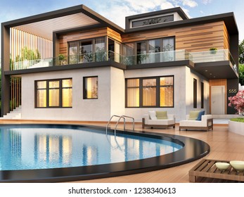 Large modern house with swimming pool. 3D rendering