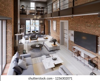 Large modern loft-style apartment with sofas, armchair, fireplace, brick wall, dining table. 3d rendering