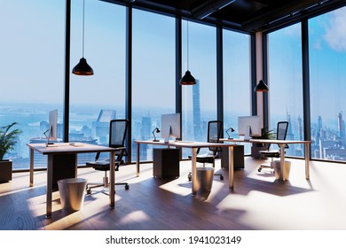 large modern office with computer workplace and skyline view; conceptual startup company; 3D Illustration