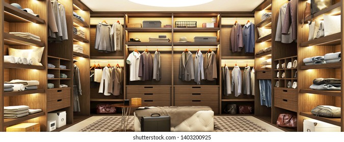 Large modern wardrobe with clothes with beautiful shelf lighting. 3d rendering