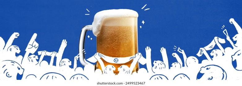 Large mug of foamy beer surrounded by excited cartoon fans celebrating successful game against blue background. Contemporary art collage. Concept of sport, tournament, event, emotions. - Powered by Shutterstock