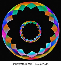large multicolored toothed ring with small one in center on black