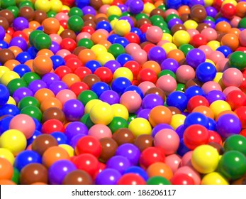 A Large Number Of Colorful Glossy Spheres With The Sun Reflecting