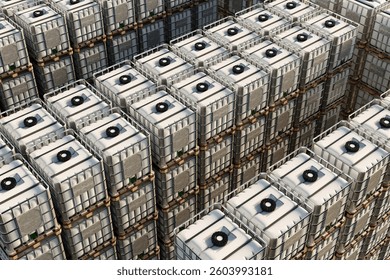 Large number of stacked intermediate bulk containers (IBCs) arranged tightly for industrial storage or transport of liquids 3d image