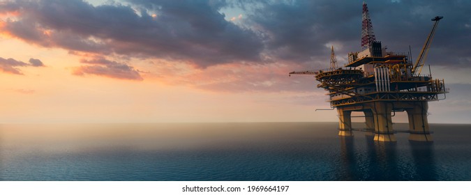 Large Off Shore Oil Rig Platform In The Ocean At Sunset 3d Render