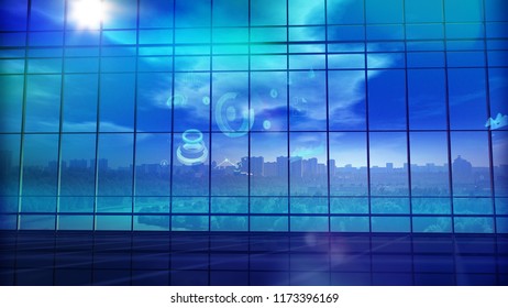 Large office building in front of a panoramic glass window. 3D illustration - Shutterstock ID 1173396169