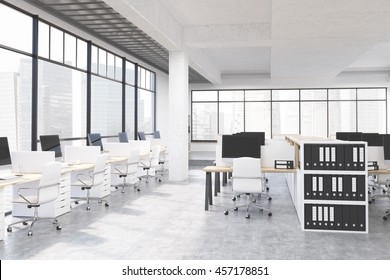 Large Office Workplace In Clean Modern Style. Computers On Tables. Binders On Shelves. Concept Of Workspace. 3D Render.