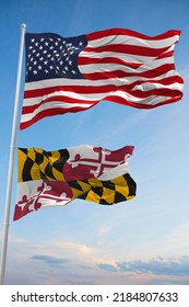 Large Official Flag Of US With Smaller Flag Of Maryland State, Usa At Cloudy Sky Background. United States Of America Patriotic Concept. Copy Space For Vertical Banner. 3d Illustration