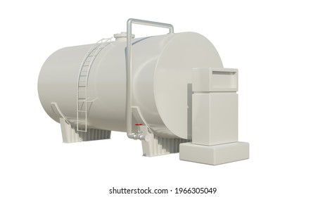 Large Oil Tank, Industrial Fuel Or Oil Storage System And Red Wheeled Hoses And Valves With Gas Station, Fuel Dispenser,On A White Background,3D Illustration,
3d Rendered.