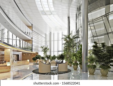 Large Open Concept Contemporary Atrium Style Resort Lobby Interior. 3d Rendering