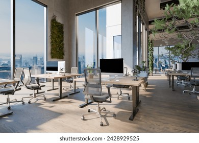 large open space office with tech industry workplaces and greenery; environment friendly contemporary building; 3D rendering