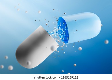 Large open white and blue pill with medicine leaking from it over a blue background. Concept of medicine, research and science. 3d rendering mock up