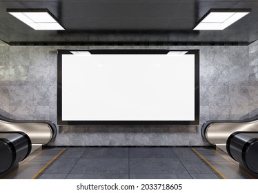 Large Panoramic Billboard On Underground Subway Mockup. Hoarding Advertising Hanging On Train Station Wall Interior 3D Rendering