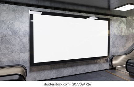 Large Panoramic Billboard On Underground Subway Mockup. Hoarding Advertising Hanging On Train Station Wall Interior 3D Rendering