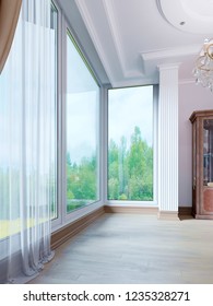 Large panoramic window overlooking the forest. Curtain and tulle. 3d rendering