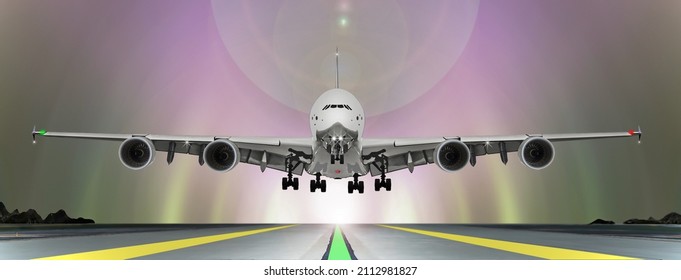 Large Passenger Airplane Landing (take Off) On The Airport Runway At Night With Colorful And Beautiful Aurora Sky Expressing The Unrest Of Global Air Travel Nowadays