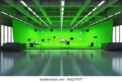 Large Pavilion Interior Of Modern Film Studio With Green Screen And Light Equipment. 3D Rendering