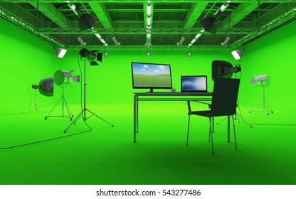 Large Pavilion Interior Of Modern Film Studio With Green Screen And Light Equipment. 3D Rendering