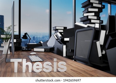 Large Pile Of Document Folders And Stack Of Ring Binders Flooding Modern Office Workplace With Pc And Skyline View; Thesis Concept; 3D Illustration