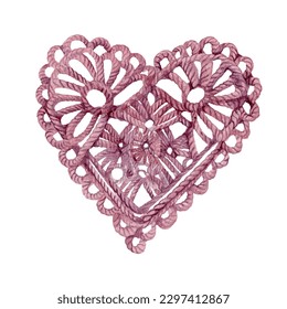 Large pink crocheted heart isolated on white background. Knitted heart illustration, embroidery lace. Knit logo concept, crochet yarn emblem for handmade business. Hand made knit shop sign.  - Powered by Shutterstock