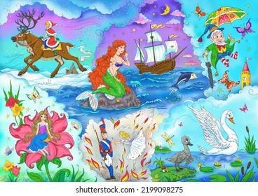 Large Poster With Famous Fairytale Scenes And Characters Of Hans Christian Andersen Such As Little Mermaid, Ole Lukoie, Thumbelina, Ugly Duckling, Gerda, Tin Soldier