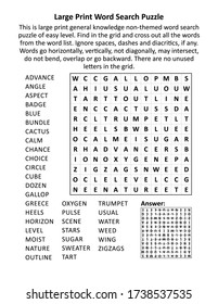 Large Print General Knowledge Word Search Puzzle Of Easy Level, Family Friendly, Suitable For Seniors, Grown-ups, Children. Letter Or A4 Sized. Answer Included.