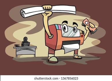 Large Printer Hold Paper Roll And Money In Hand In Retro Color Cartoon Style