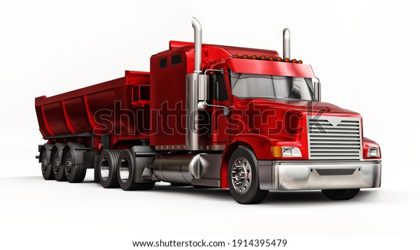Large\
red American truck with a trailer type dump truck for transporting\
bulk cargo on a white background. 3d\
illustration