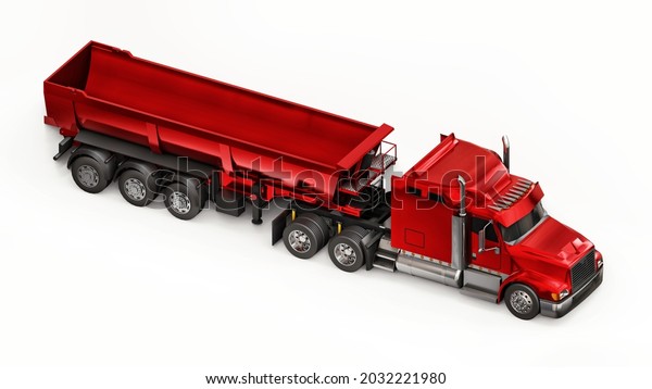 Large\
red American truck with a trailer type dump truck for transporting\
bulk cargo on a white background. 3d\
illustration