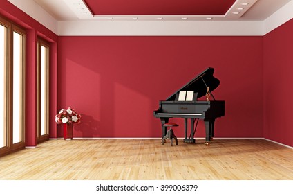 Large red room with black grand piano - 3D Rendering
