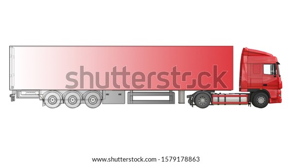 Large red truck with a semitrailer. Template\
for placing graphics. 3d\
rendering.